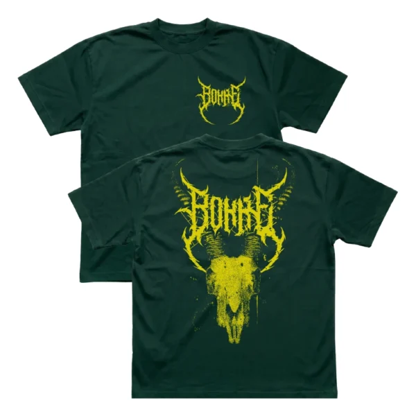 Dark green Bokke t-shirt with golden yellow heavy metal logo on front and distressed Springbok skull on back.