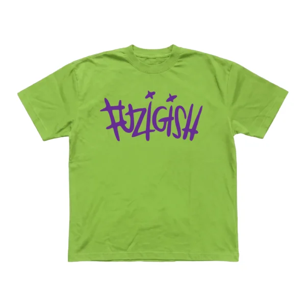 Green t-shirt featuring the purple Fuzigish band logo printed on the front.