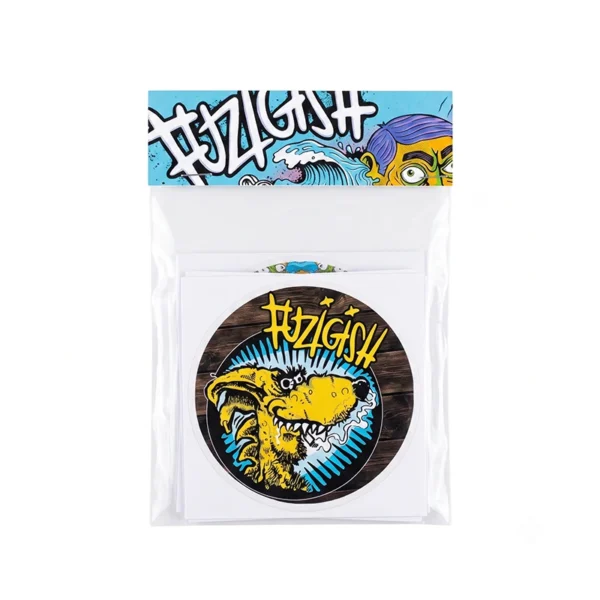 Fuzigish 6-piece vinyl sticker pack in clear retail packaging with a colorful illustrated header card