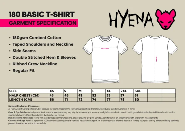 Here are the accessibility and optimization assets for your 180 Basic T-Shirt garment specification sheet: 1. ALT Text alt="Hyena 180 Basic T-Shirt garment specification and size chart image.