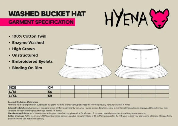 Hyena Enzyme Washed Bucket Hat garment specification and size chart image.