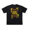 Black Karen Zoid Stage Invaders t-shirt showing the yellow chest logo and the large 8-bit retro arcade graphic on the back.