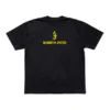 Black Karen Zoid Stage Invaders t-shirt showing the yellow chest logo and the large 8-bit retro arcade graphic on the back.