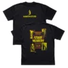 Black Karen Zoid Stage Invaders t-shirt showing the yellow chest logo and the large 8-bit retro arcade graphic on the back.