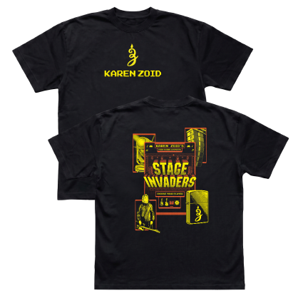 Black Karen Zoid Stage Invaders t-shirt showing the yellow chest logo and the large 8-bit retro arcade graphic on the back.
