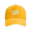 Enzyme-washed mustard yellow Tidal Waves dad cap with white embroidered logo on the front - Front view