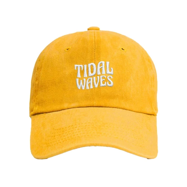 Enzyme-washed mustard yellow Tidal Waves dad cap with white embroidered logo on the front - Front view