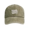 Enzyme-washed olive green Tidal Waves dad cap with white embroidered logo on the front - Front view