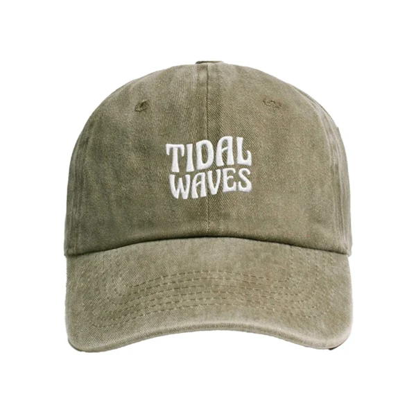Enzyme-washed olive green Tidal Waves dad cap with white embroidered logo on the front - Front view