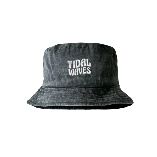 Enzyme-washed charcoal Tidal Waves bucket hat with white embroidered logo on the front - Front view