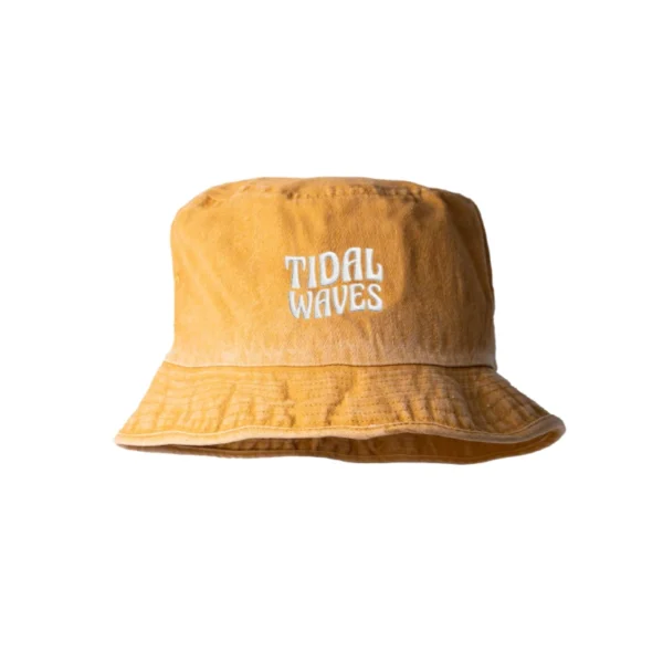 Enzyme-washed mustard yellow Tidal Waves bucket hat with white embroidered logo on the front - Front view