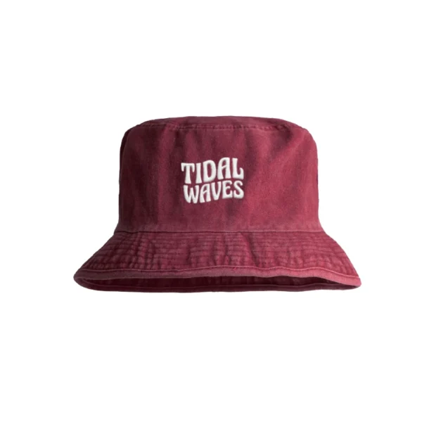 Enzyme-washed raspberry red Tidal Waves bucket hat with white embroidered logo on the front - Front view