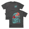 Charcoal Grey Tidal Waves Cover Jozi t-shirt showing the small front chest print and the large graphic on the back.