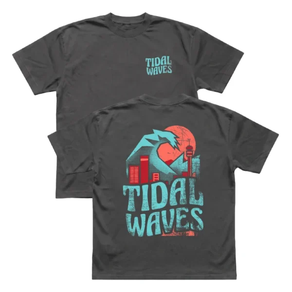 Charcoal Grey Tidal Waves Cover Jozi t-shirt showing the small front chest print and the large graphic on the back.