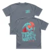 Slate blue Tidal Waves Cover Jozi t-shirt showing the small front chest print and the large graphic on the back.