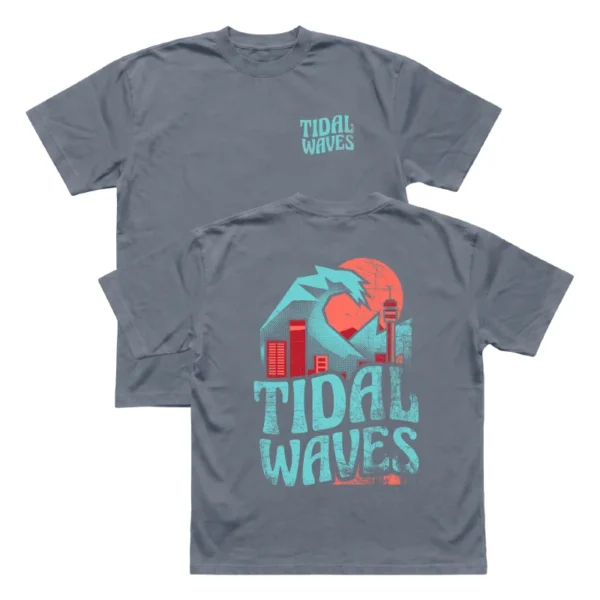 Slate blue Tidal Waves Cover Jozi t-shirt showing the small front chest print and the large graphic on the back.