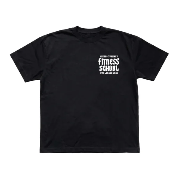Black Angelo Tursini's Fitness School t-shirt showing the white chest print on the front.