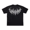 Black Vulvodynia Optical t-shirt showing the large white spiky Vulvodynia band logo printed across the upper back.