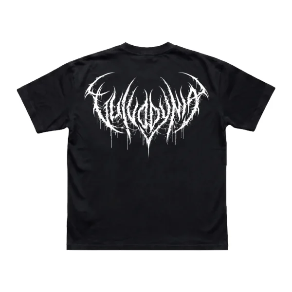 Black Vulvodynia Optical t-shirt showing the large white spiky Vulvodynia band logo printed across the upper back.
