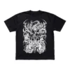Black Vulvodynia Optical t-shirt showing a white surreal horror illustration and spiky band logo printed on the front.