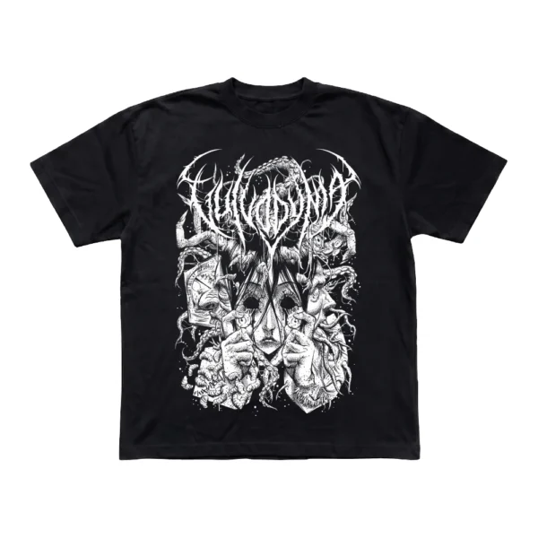 Black Vulvodynia Optical t-shirt showing a white surreal horror illustration and spiky band logo printed on the front.