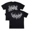 Black Vulvodynia Optical t-shirt showing both the white front surreal horror graphic and the white back band logo.