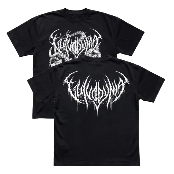 Black Vulvodynia Optical t-shirt showing both the white front surreal horror graphic and the white back band logo.
