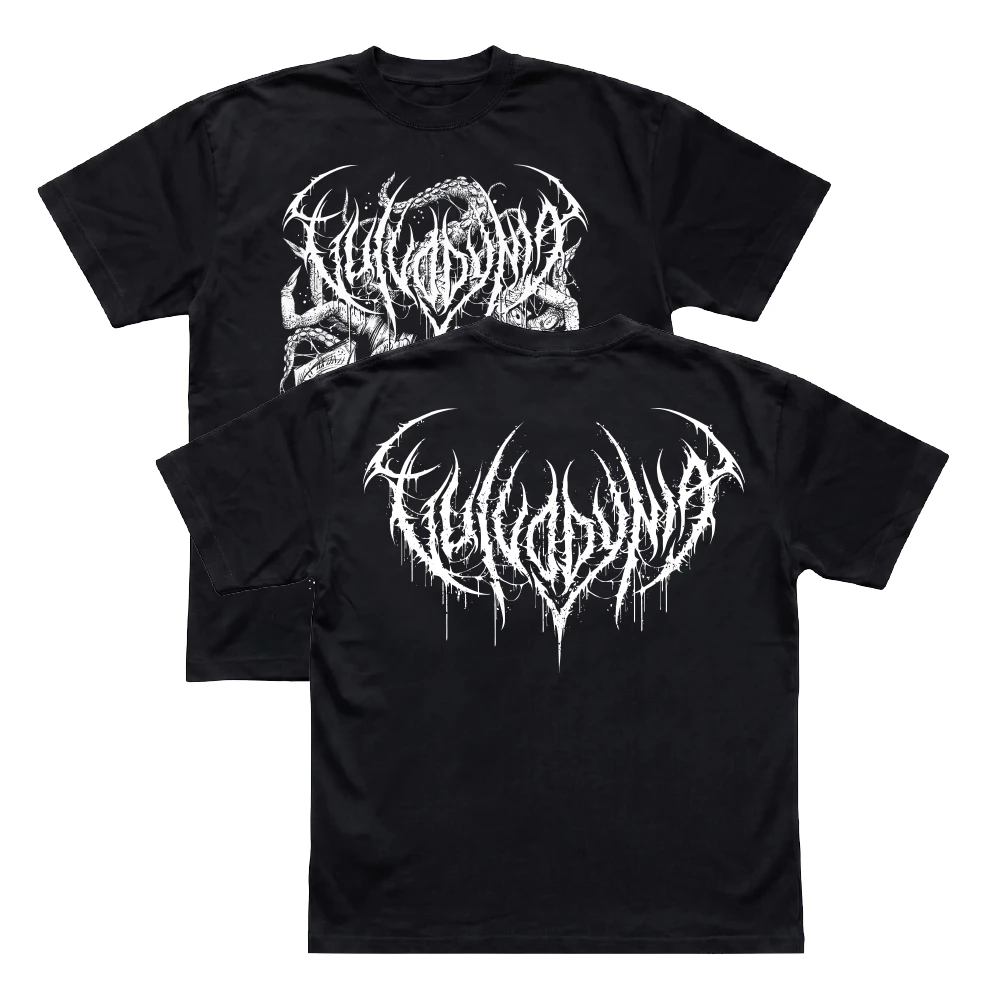 Black Vulvodynia Optical t-shirt showing both the white front surreal horror graphic and the white back band logo.