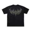 Black Vulvodynia Reaper t-shirt showing the large olive-grey spiky Vulvodynia band logo printed across the upper back.