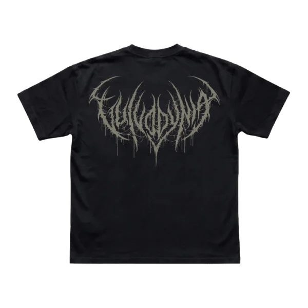 Black Vulvodynia Reaper t-shirt showing the large olive-grey spiky Vulvodynia band logo printed across the upper back.