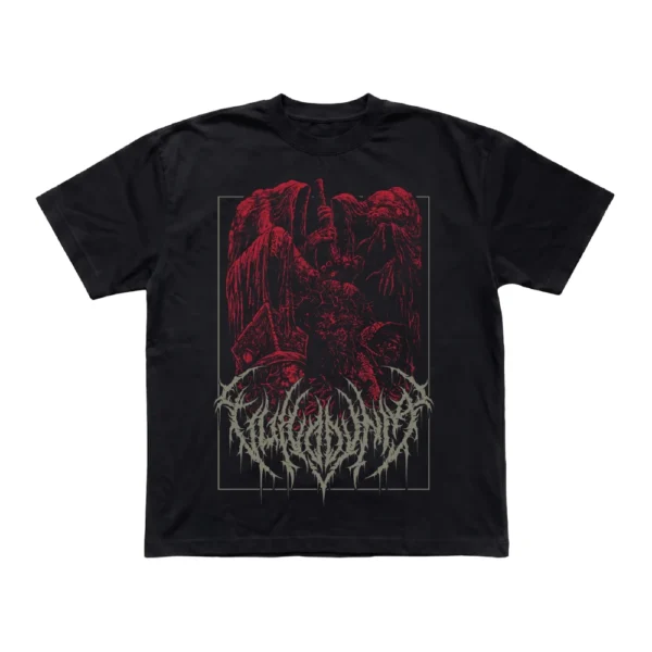 Black Vulvodynia Reaper t-shirt showing the red grim reaper illustration and spiky band logo printed on the front.