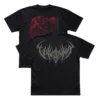 Black Vulvodynia Reaper t-shirt showing both the red front reaper graphic and the olive-grey back band logo.