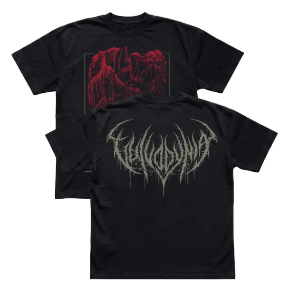 Black Vulvodynia Reaper t-shirt showing both the red front reaper graphic and the olive-grey back band logo.