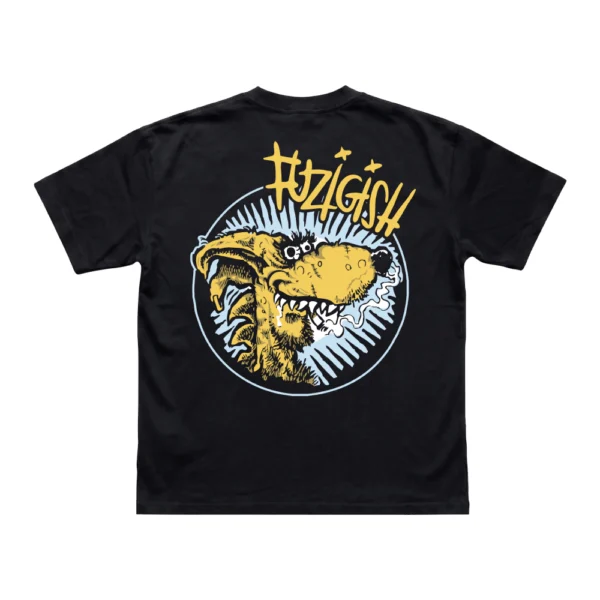 Black Fuzigish Doggy t-shirt showing the large cartoon dog graphic printed on the back.