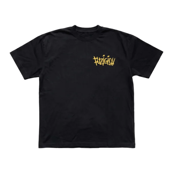 Black Fuzigish Doggy t-shirt showing the yellow Fuzigish chest logo.