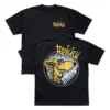 Black Fuzigish Doggy t-shirt showing both the yellow chest logo and the detailed cartoon dog back graphic.