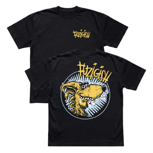 Black Fuzigish Doggy t-shirt showing both the yellow chest logo and the detailed cartoon dog back graphic.