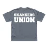 Slate Grey Fuzigish Skankers Union t-shirt showing the white bold varsity text SKANKERS UNION printed across the back.