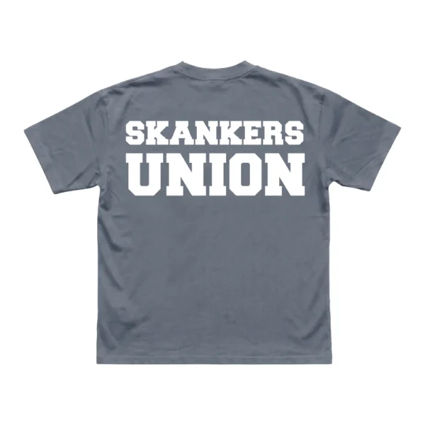 Slate Grey Fuzigish Skankers Union t-shirt showing the white bold varsity text SKANKERS UNION printed across the back.