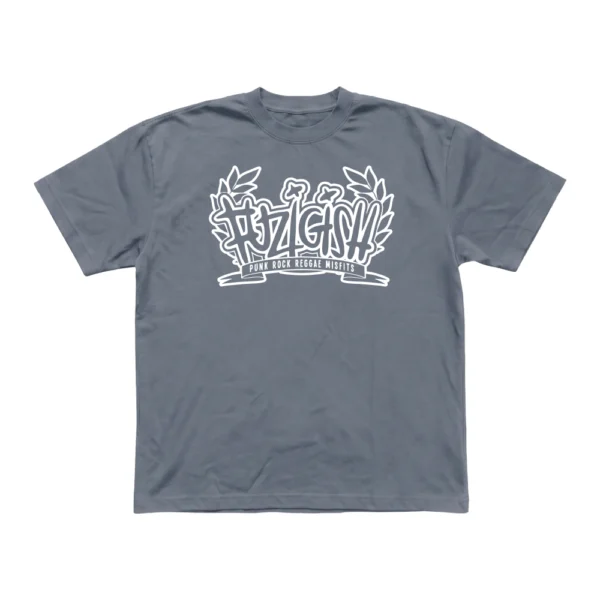 Slate Grey Fuzigish Skankers Union t-shirt showing the white Fuzigish crest and Punk Rock Reggae Misfits banner on the chest.