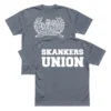Slate Grey Fuzigish Skankers Union t-shirt showing both the white front crest logo and the bold back varsity text.