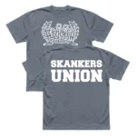 Slate Grey Fuzigish Skankers Union t-shirt showing both the white front crest logo and the bold back varsity text.