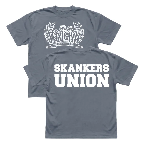 Slate Grey Fuzigish Skankers Union t-shirt showing both the white front crest logo and the bold back varsity text.
