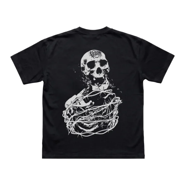 Black Gloom Apparel Skeleton t-shirt showing the white skull wrapped in barbed wire back graphic.