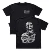 Black Gloom Apparel Skeleton t-shirt showing both the barbed wire chest logo and the detailed skull back graphic.