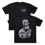 Black Gloom Apparel Skeleton t-shirt showing both the barbed wire chest logo and the detailed skull back graphic.