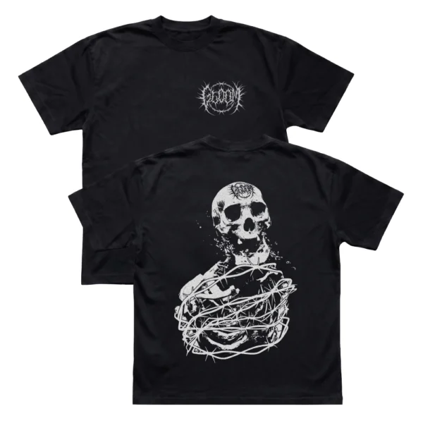 Black Gloom Apparel Skeleton t-shirt showing both the barbed wire chest logo and the detailed skull back graphic.