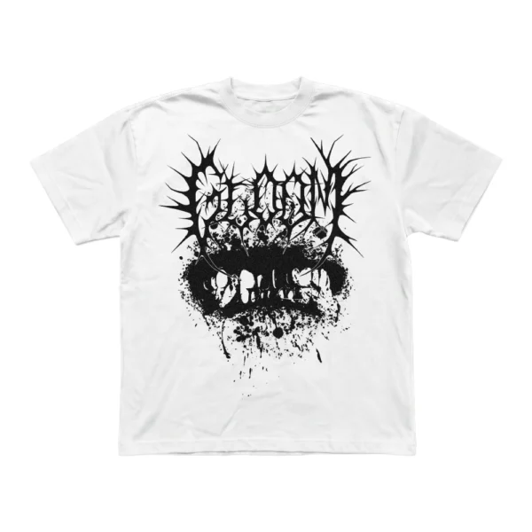 White Gloom Apparel Teeth t-shirt featuring a black spiky logo and distressed mouth graphic on the chest.